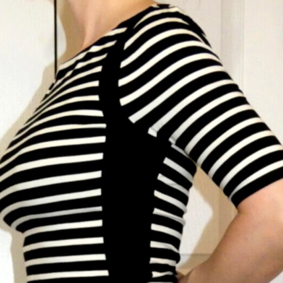 WHBM Top Black White Stripes Fitted Knit Casual or Work Long Womens size XXS - Picture 6 of 13